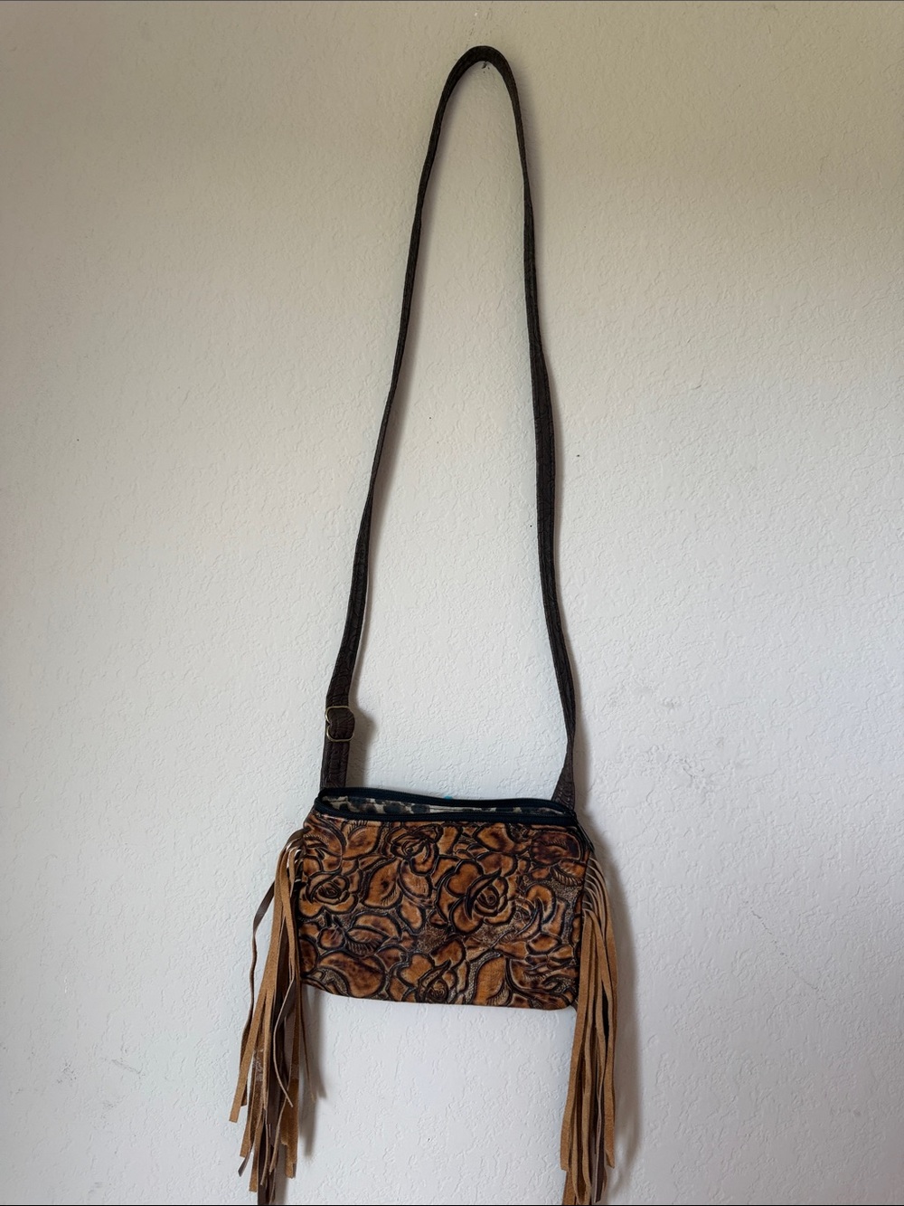 American Darling Floral Embossed Fringe Crossbody - Brown & Tan